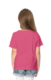 Back view of a girl wearing a Girls Cotton Candy Pink TShirt, perfect for casual outings or playdates.